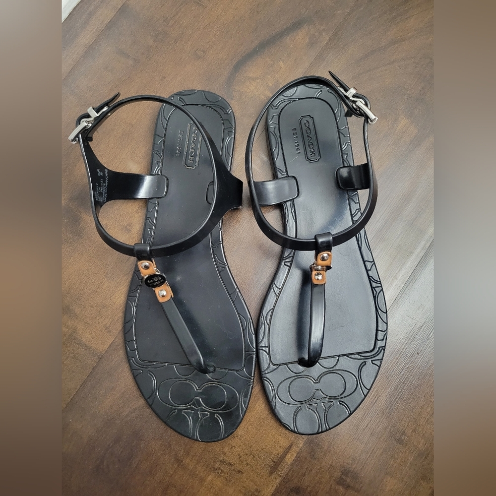 Coach Piccadilly Jelly Thong Ankle Strap Flip-Flops Sandals Black Gold Size 8 - Picture 2 of 11